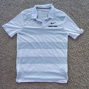 a TCU white and grey striped polo